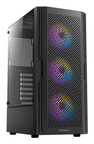 Caja ANTEC AX20, negra, torre media, 1 USB 3.0 / 2 USB 2.0, panel de ventana lateral de vidrio templado, barra inclinada y diseño de malla para flujo de aire masivo, 3 ventiladores LED RGB incluidos, ATX, Micro ATX, Mini-ITX