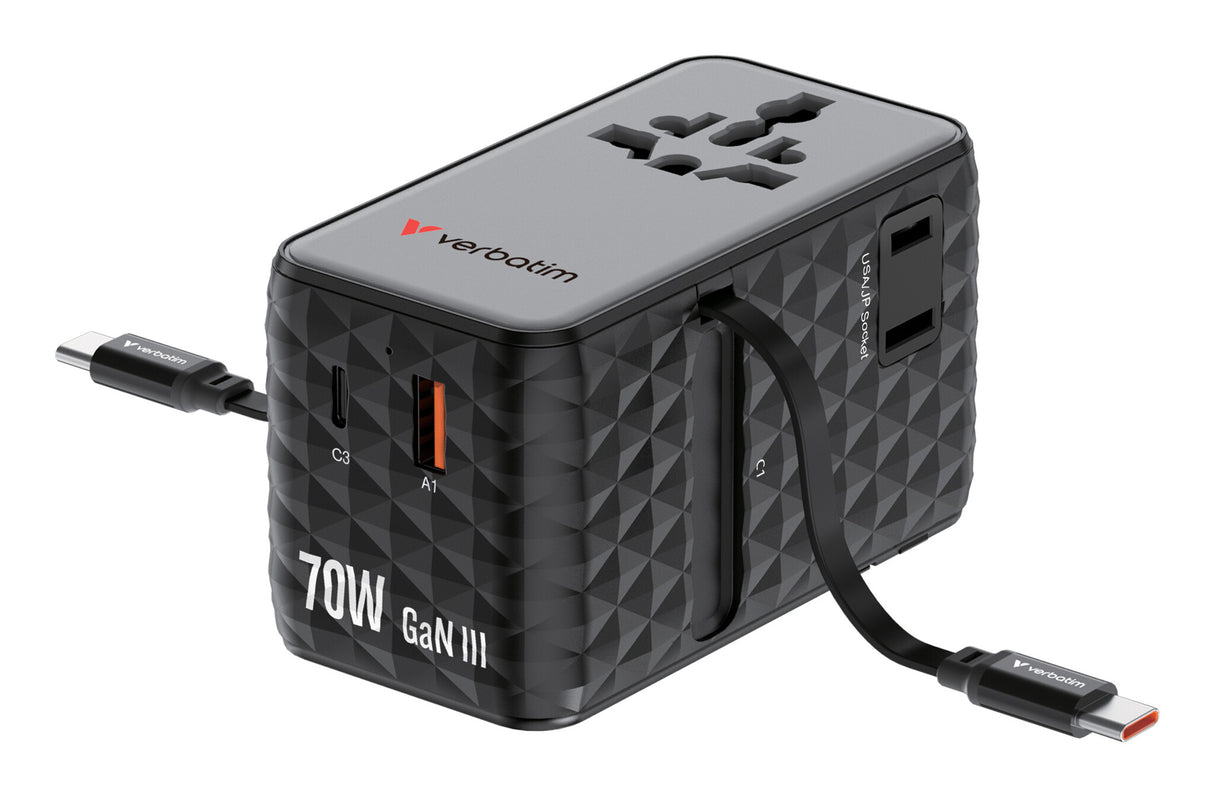 Verbatim Charge 'n' Travel 70W 2C retractable Universal Travel Adapter Black