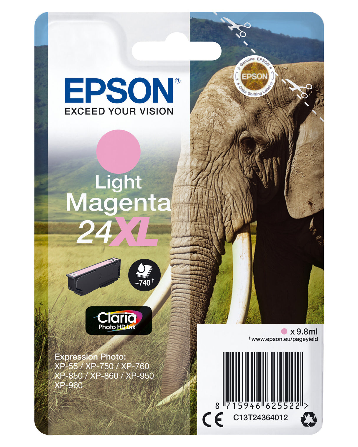 Epson Elephant Singlepack Light Magenta 24XL Claria Photo HD Ink