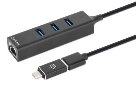 Manhattan USB-C & USB-A Combo Dock/Hub, Ports (4): Ethernet and USB-A (x3), 5 Gbps (USB 3.2 Gen1 aka USB 3.0), External Power Supply Not Needed, Universal for all devices, USB-A Male with Attachable USB-C Male Adapter, SuperSpeed USB, Black, Three Year Wa