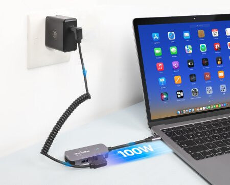 Manhattan USB-C Dock/Hub, Ports (x3): HDMI, USB-A and USB-C, With Power Delivery (100W) to USB-C Port (Note add USB-C wall charger and USB-C cable needed), Universal for all devices, All Ports can be used at the same time, Aluminium, Space Grey, 3 Year Wa