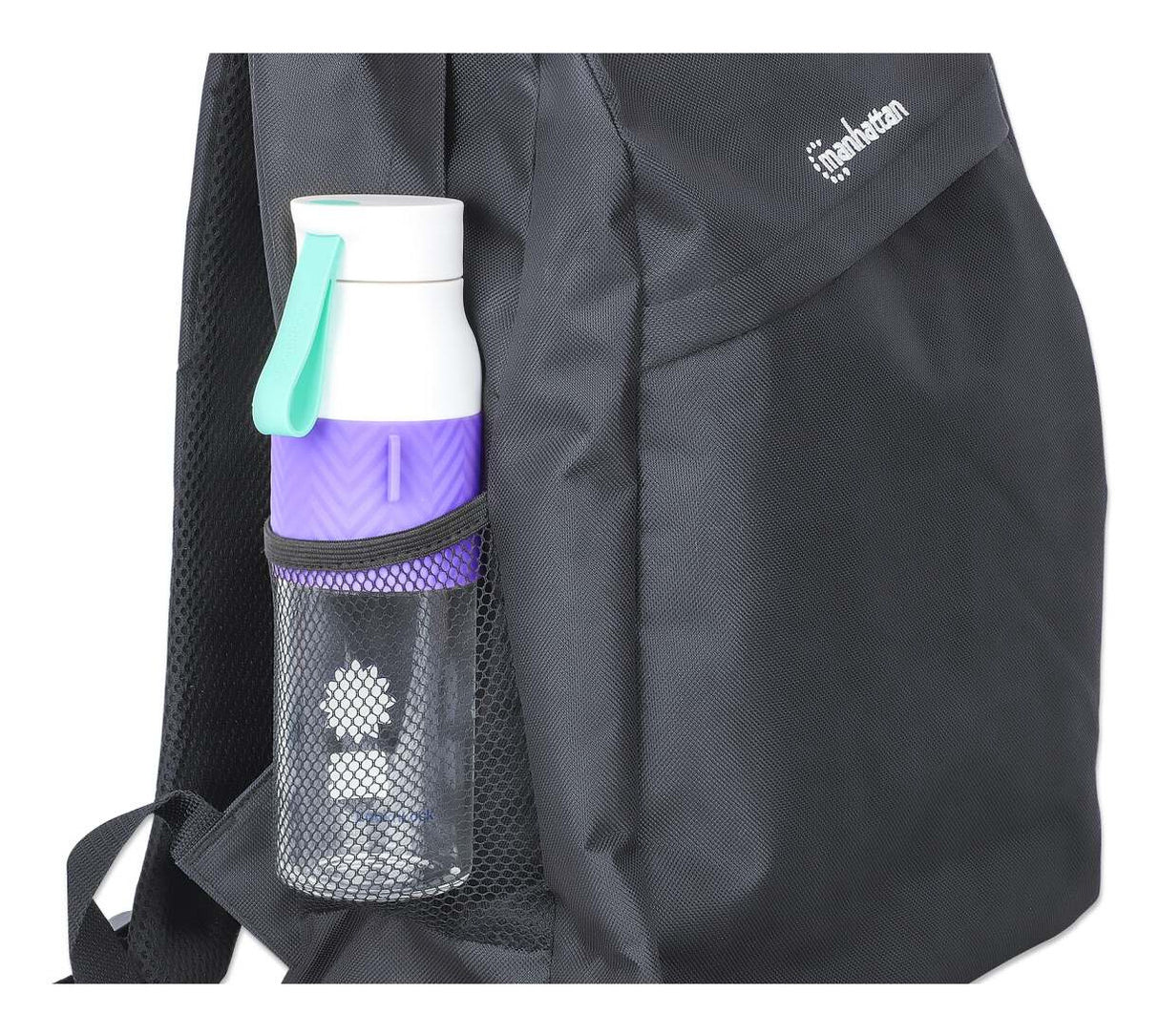 Manhattan Knappack Backpack 14.1", Black, LOW COST, Lightweight, Internal Laptop Sleeve, Accessories Pocket, Padded Adjustable Shoulder Straps, Water Bottle Holder, Three Year Warranty