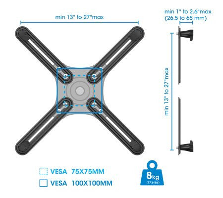 Manhattan VESA Mount Adapter Kit, Allows screens/monitors without VESA to be fitted to VESA mounts, Attaches to Monitor Mounts with VESA Standards 75x75 and 100x100, Max 8kg, Black
