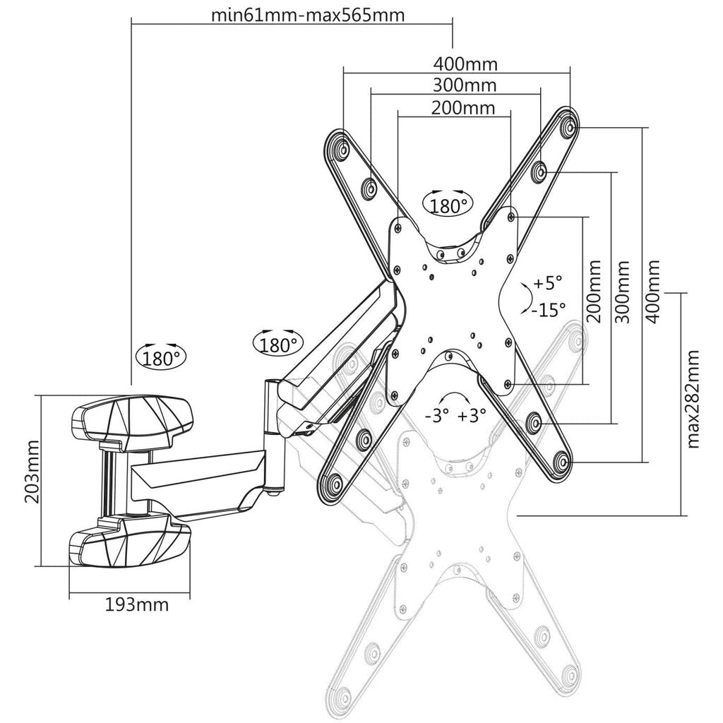Manhattan Wall Mount for TV & Monitors (Spring Arm 3 pivots), For screens 17" to 55", VESA compatability: all between 75x75mm and 400x400mm - check the dimensions of the four mounting holes on back of screen to ensure it fits, Max 30kg, Black, Bracket