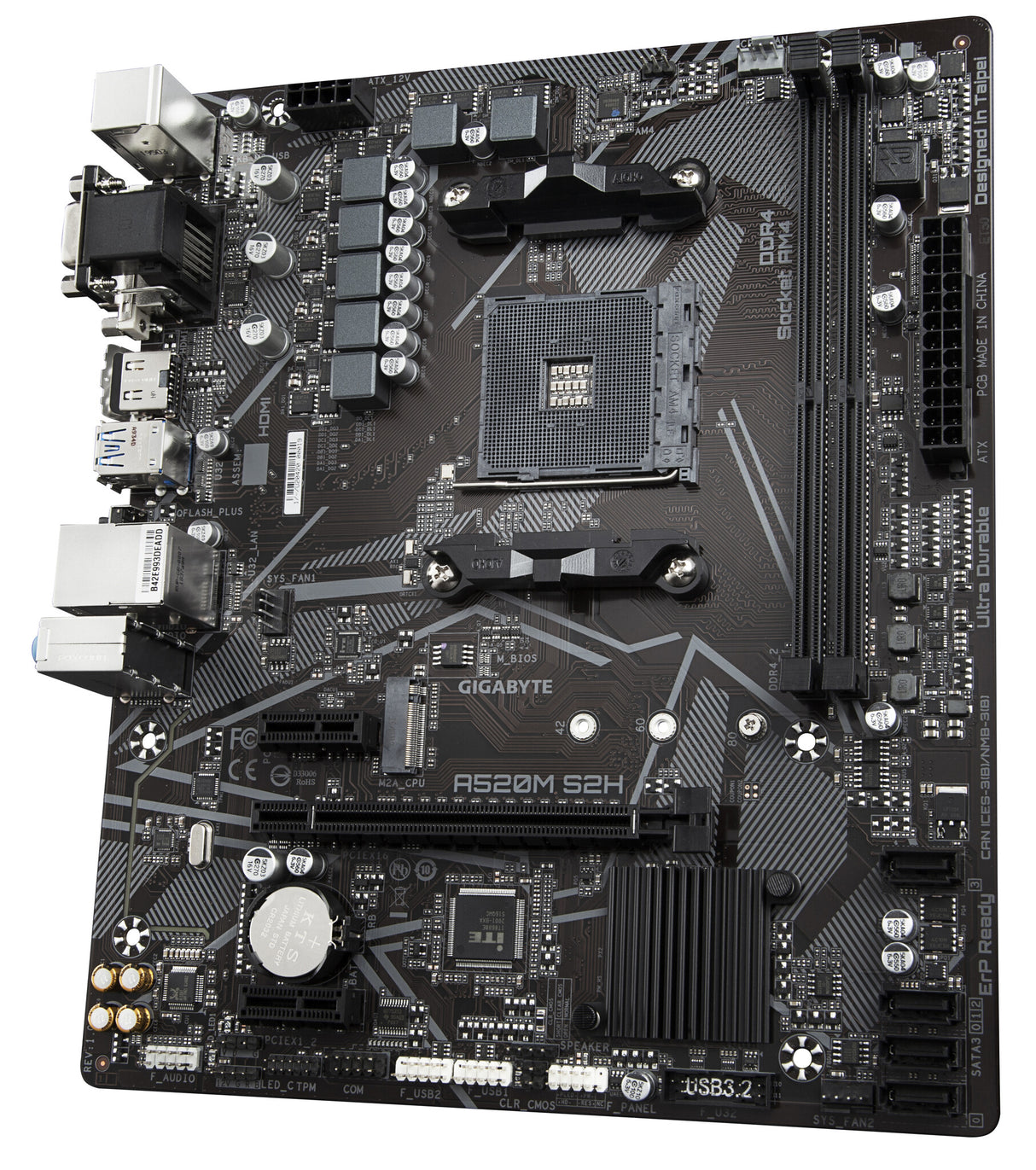 GIGABYTE A520M S2H Motherboard - Supports AMD Ryzen 5000 Series AM4 CPUs, 4+3 Phases Pure Digital VRM, up to 5100MHz DDR4 (OC), PCIe 3.0 x4 M.2, GbE LAN, USB 3.2 Gen 1