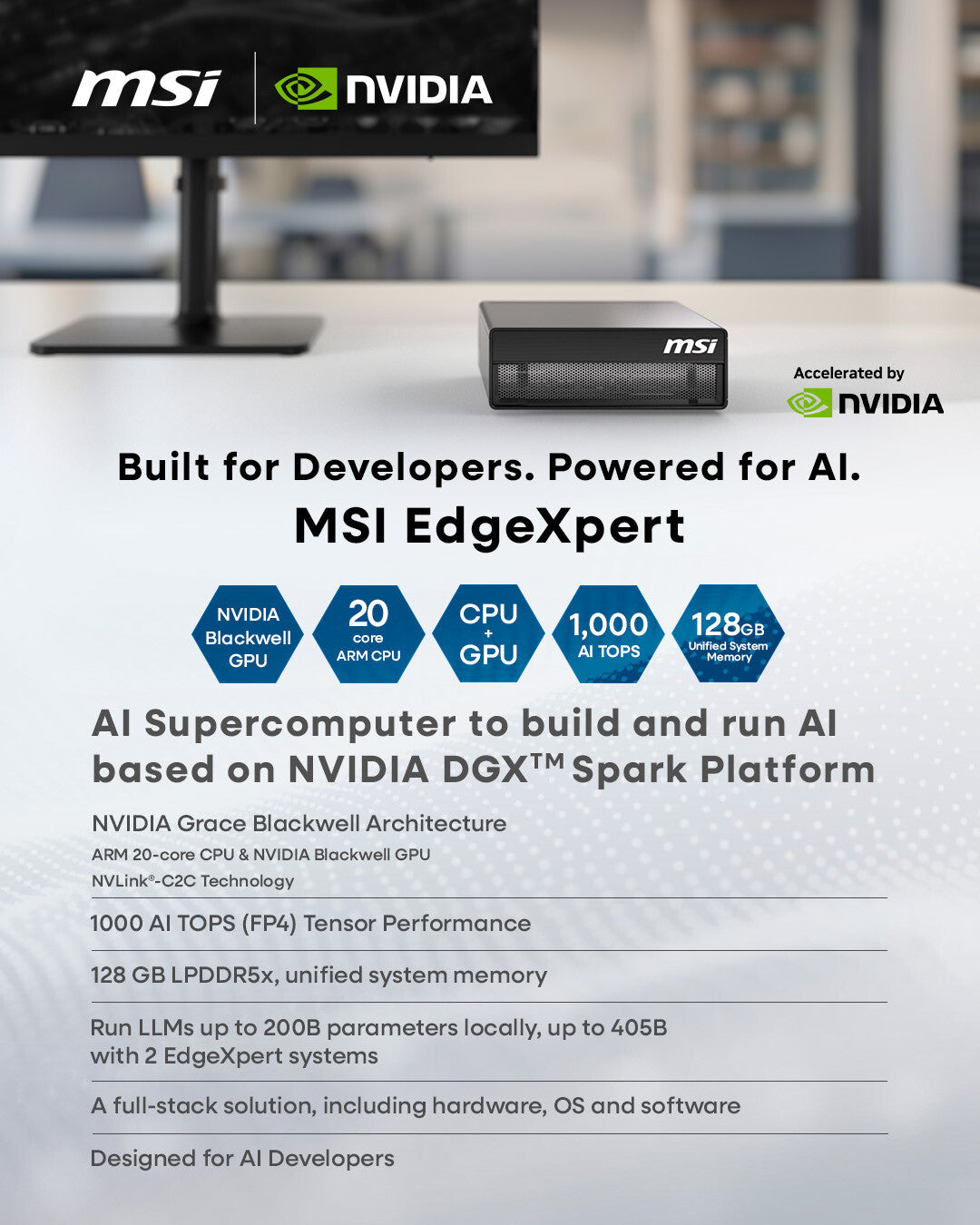 MSI EdgeXpert AI Supercomputer Desktop, NVIDIA DGX Spark GB10 Grace Blackwell Architecture, 128GB LPDDR5 Unify Memory, 4TB SSD, ARM CPU, WiFi 7, BT 5.3, NVIDIA DGX OS - EDGEXPERT NVIDIA DGX GB10 128GB 4TB