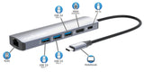 Manhattan USB-C Dock/Hub, Ports (x6): Ethernet, HDMI, USB-A (x3) and USB-C, With Power Delivery (100W) to USB-C Port (Note additional USB-C wall charger and USB-C cable needed), USB 3.2 Gen 1, All Ports can be used at the same time, Universal for all devi