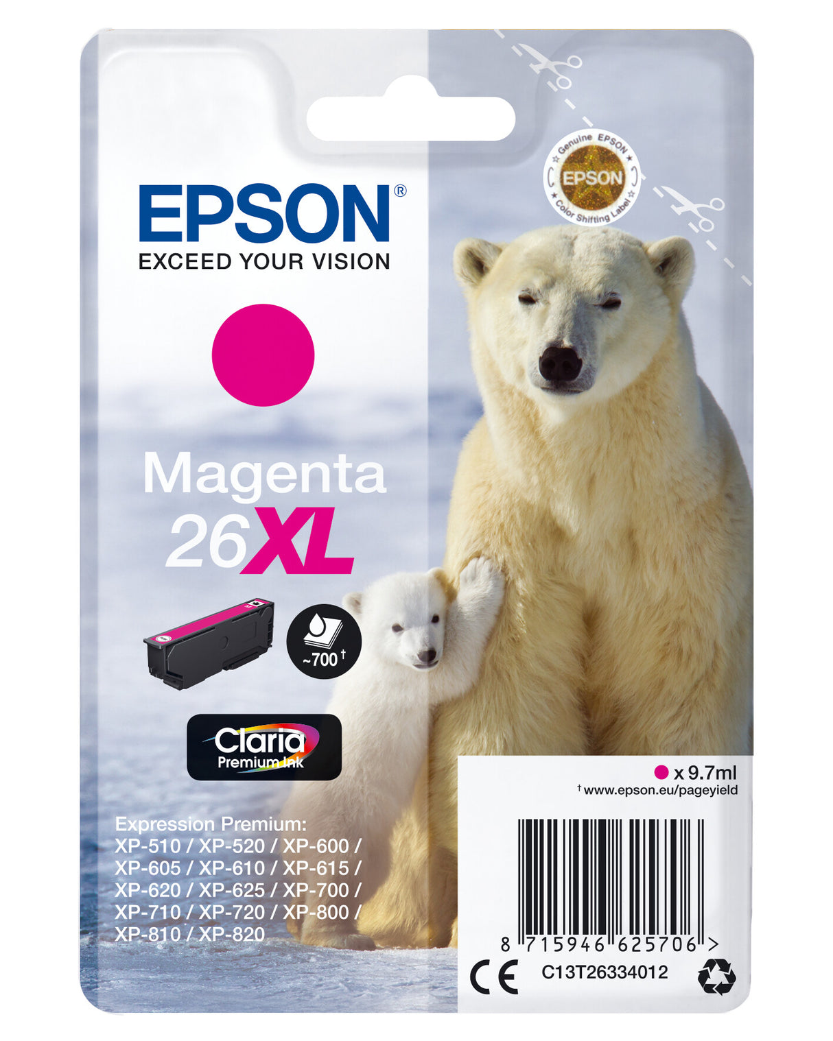 Epson Polar bear Singlepack Magenta 26XL Claria Premium Ink