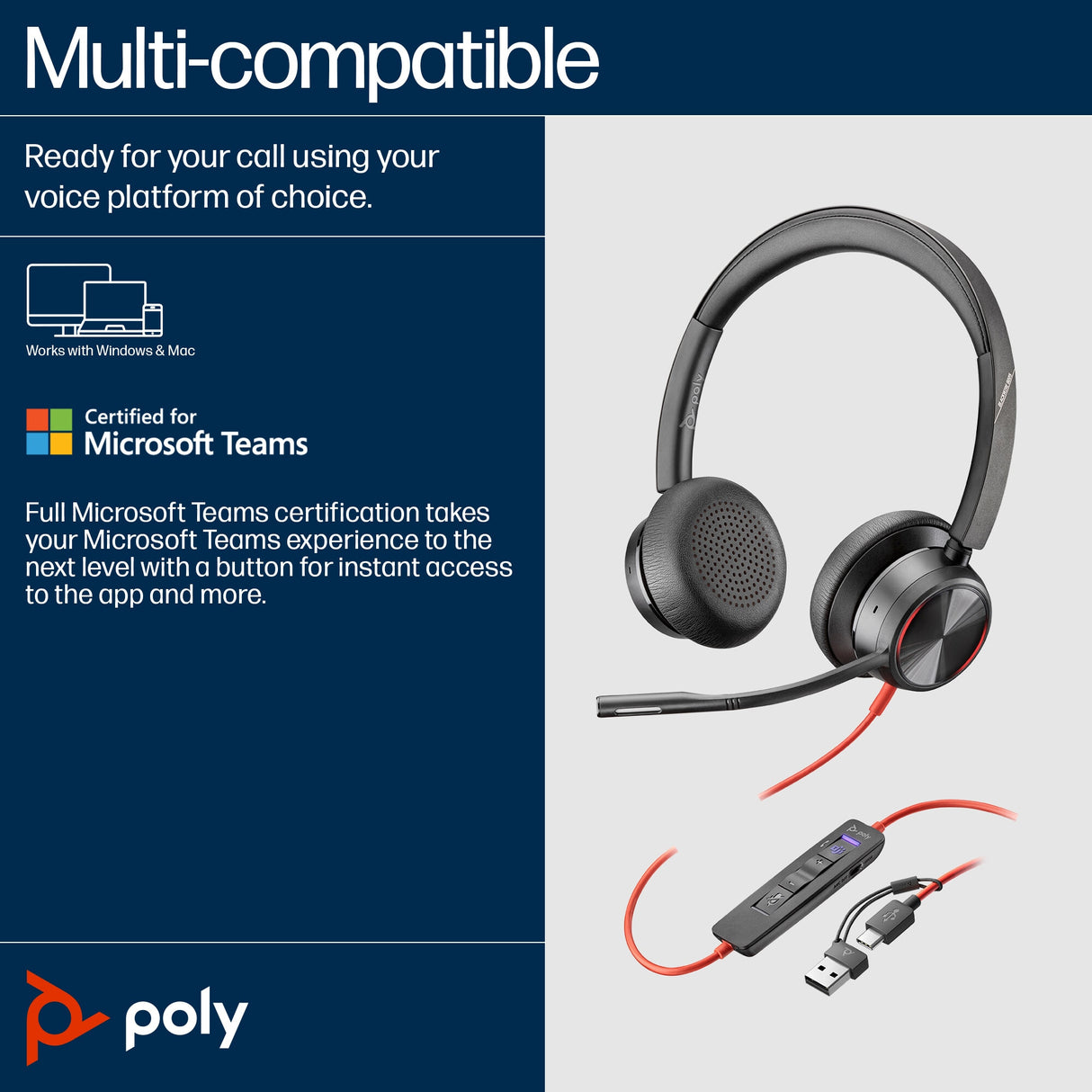 POLY Blackwire 8225 Stereo Microsoft Teams Certified USB-C Headset +USB-C/A Adapter