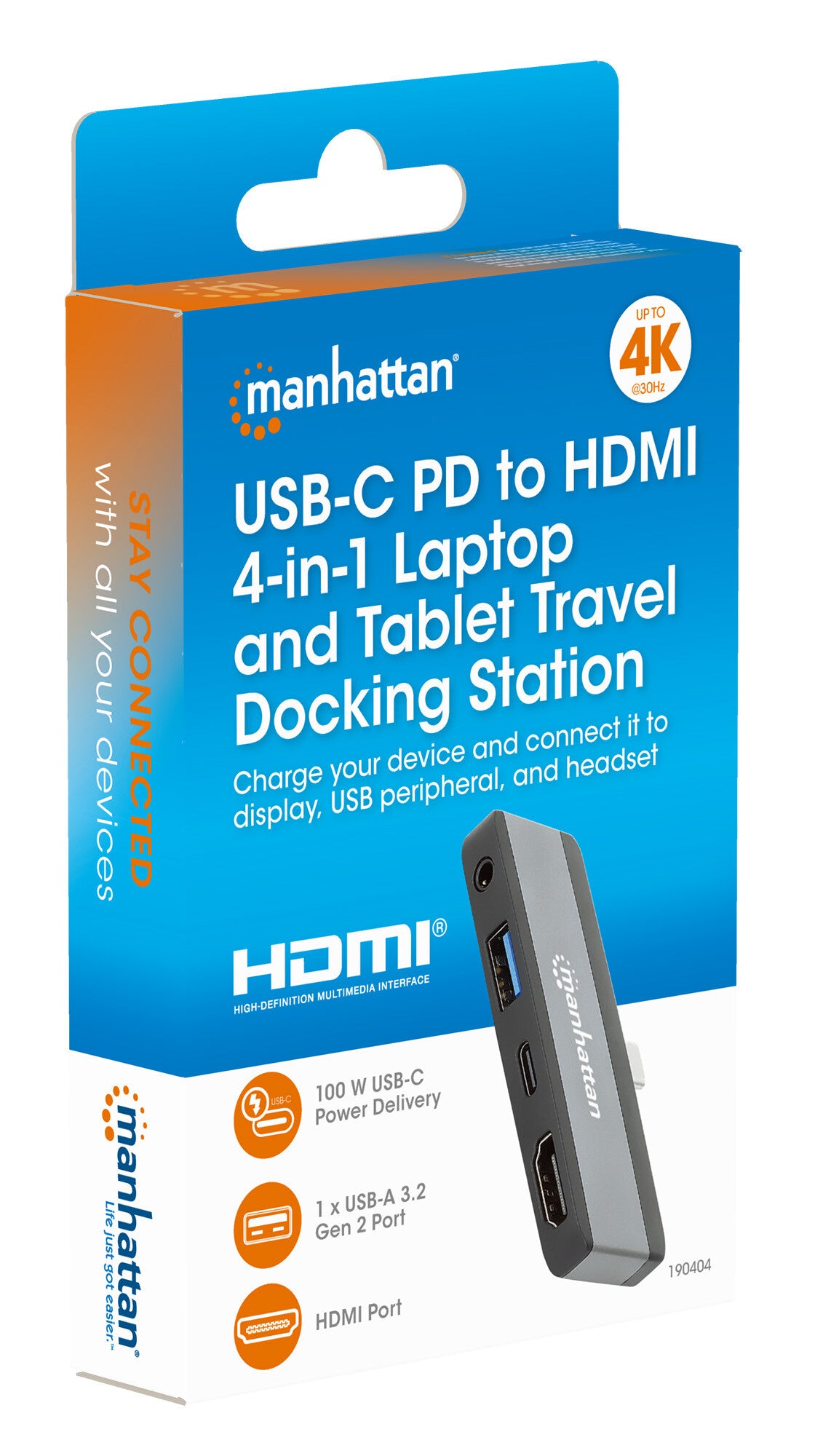 Manhattan USB-C Travel Dock/Hub, Ports (x4): HDMI, USB-A, USB-C and 3.5mm audio, With Power Delivery (100W) to USB-C Port, USB powered (no external power supply required)