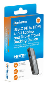 Manhattan USB-C Travel Dock/Hub, Ports (x4): HDMI, USB-A, USB-C and 3.5mm audio, With Power Delivery (100W) to USB-C Port, USB powered (no external power supply required)