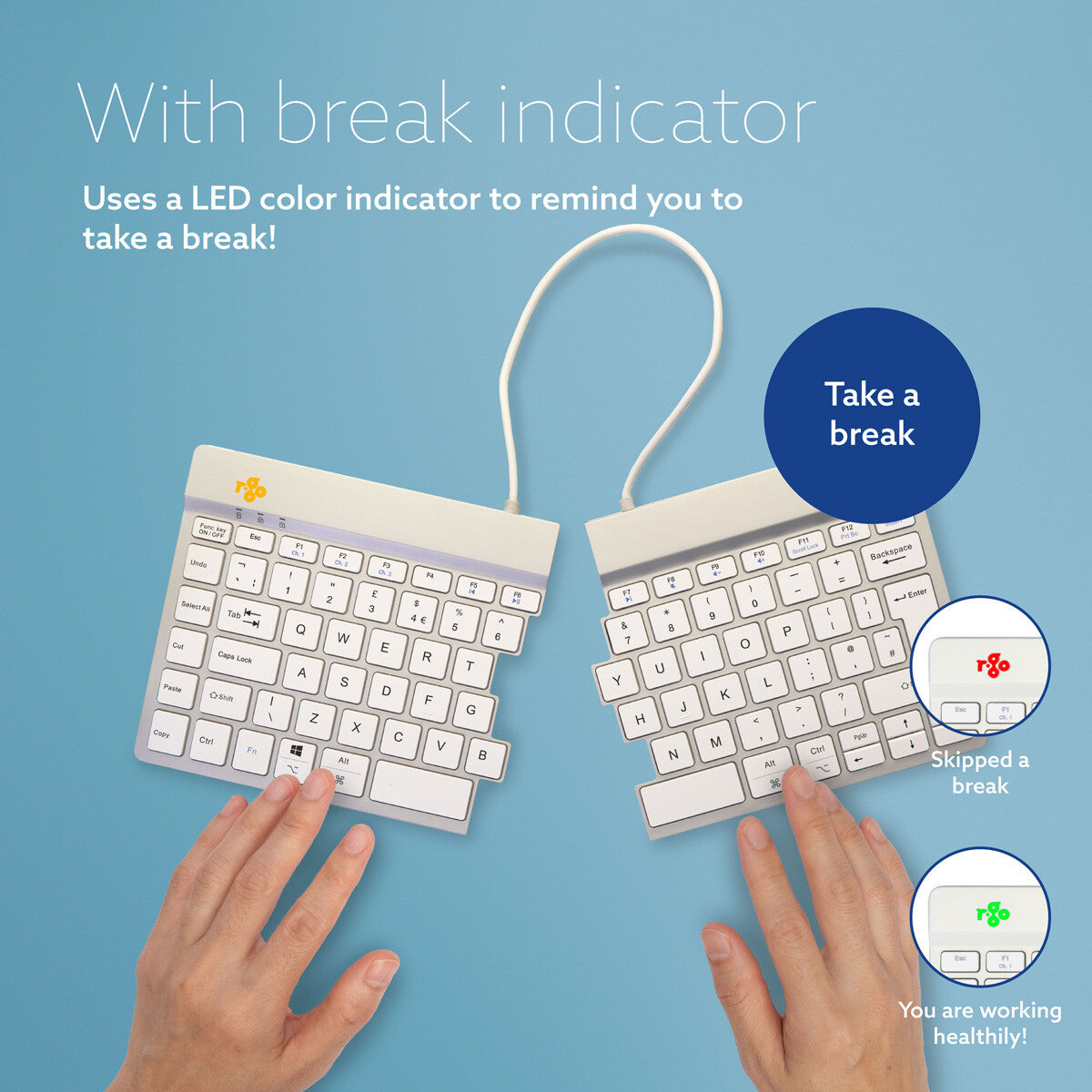 R-Go Tools Ergonomic keyboard R-Go Split Break with break software, ergonomic split keyboard, QWERTY (UK), Bluetooth, white