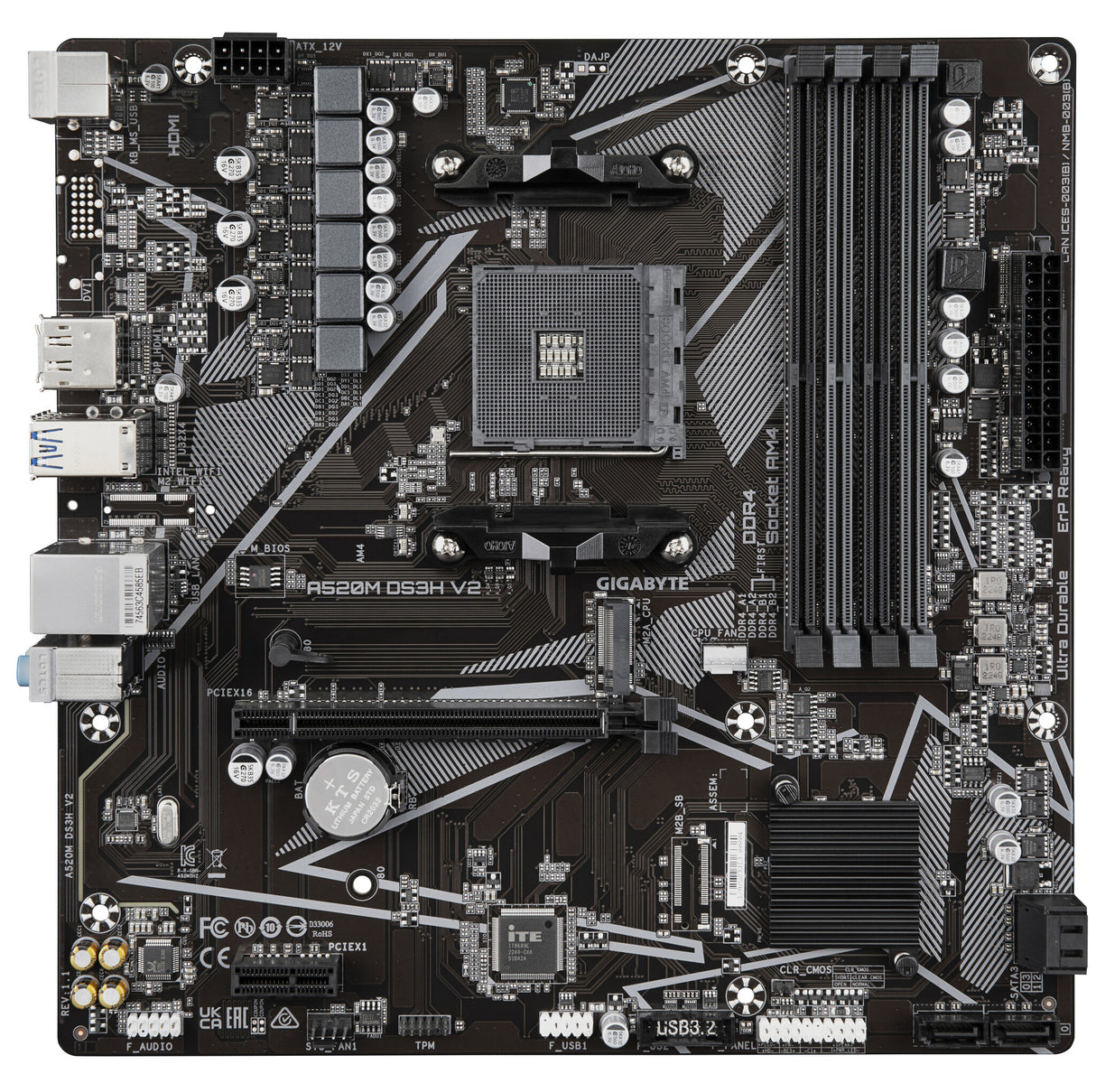 Gigabyte A520M DS3H V2 Motherboard - Supports AMD Ryzen 5000 Series AM4 CPUs, up to 4733MHz DDR4 (OC), PCIe 3.0 x16, GbE LAN, USB 3.2 Gen 1