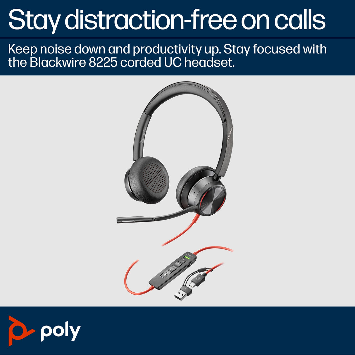 POLY Blackwire 8225 Stereo USB-C Headset +USB-C/A Adapter