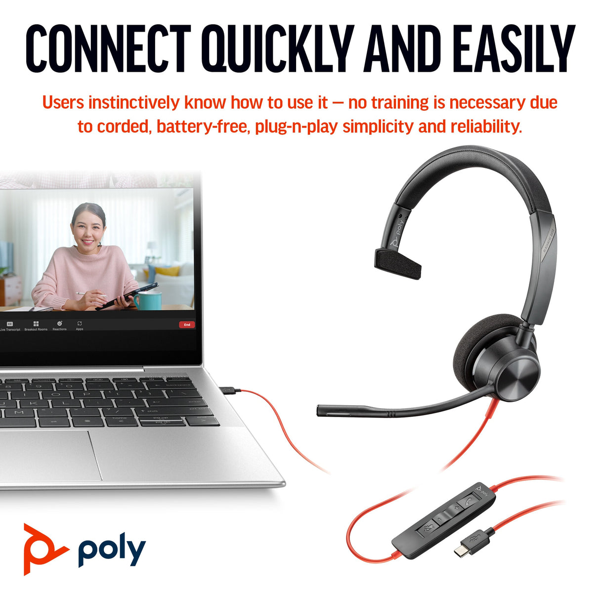 POLY Blackwire 3310 Monaural USB-C Headset +USB-C/A Adapter