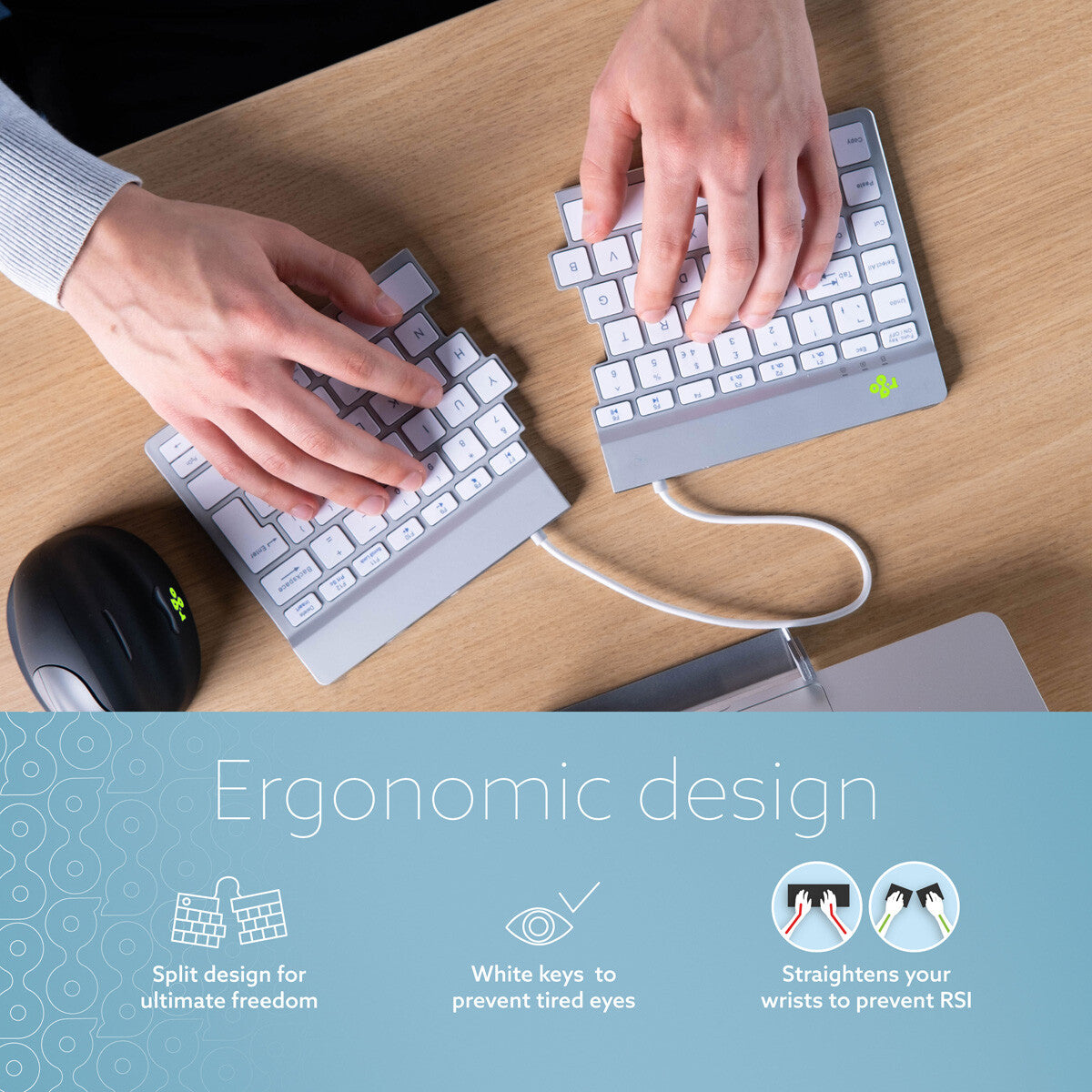 R-Go Tools Ergonomic keyboard R-Go Split Break with break software, ergonomic split keyboard, QWERTY (UK), Bluetooth, white