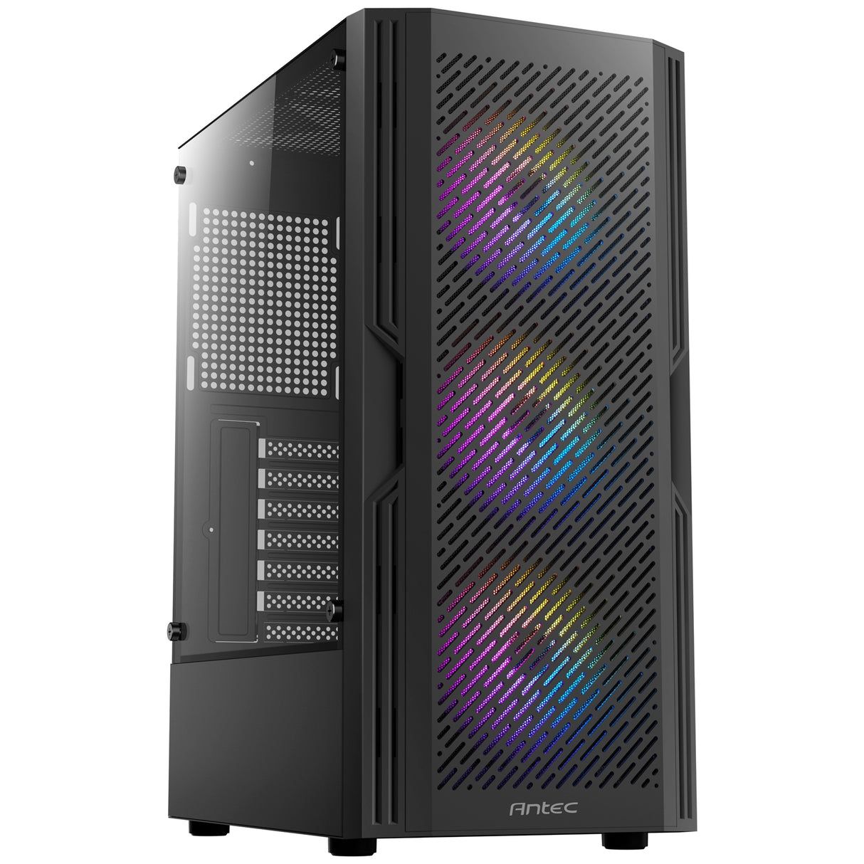 Boîtier ANTEC AX20, noir, tour moyenne, 1 x USB 3.0 / 2 x USB 2.0, panneau de fenêtre latérale en verre trempé, barre inclinée et conception en maille pour un flux d'air massif, 3 x ventilateurs LED RVB inclus, ATX, Micro ATX, Mini-ITX