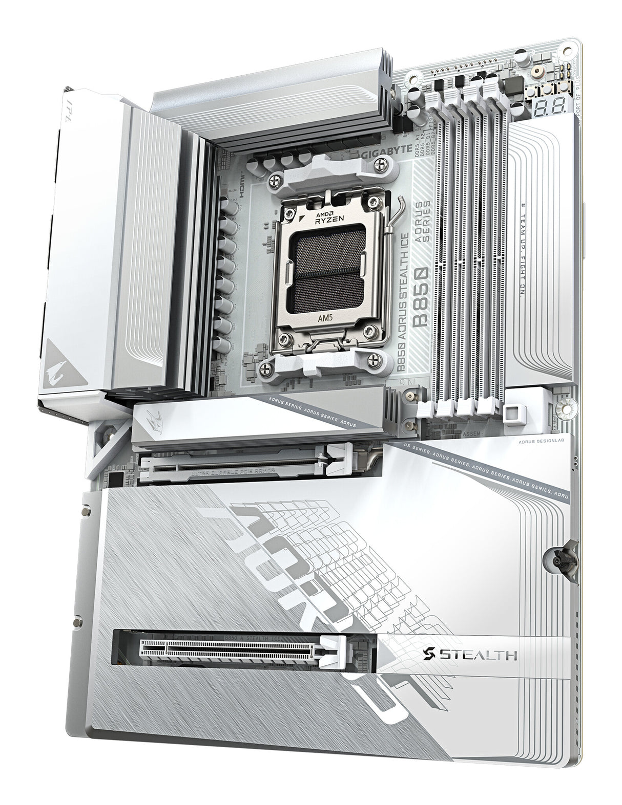 GIGABYTE B850 AORUS STEALTH ICE Motherboard - AMD Ryzen 9000 Series CPUs, 14+2+2 Phases Digital VRM, up to 8200MHz DDR5 (OC), 2xPCIe 5.0 + 2xPCIe 4.0 M.2, WIFI 7, 5 GbE LAN, USB 3.2 Gen 2