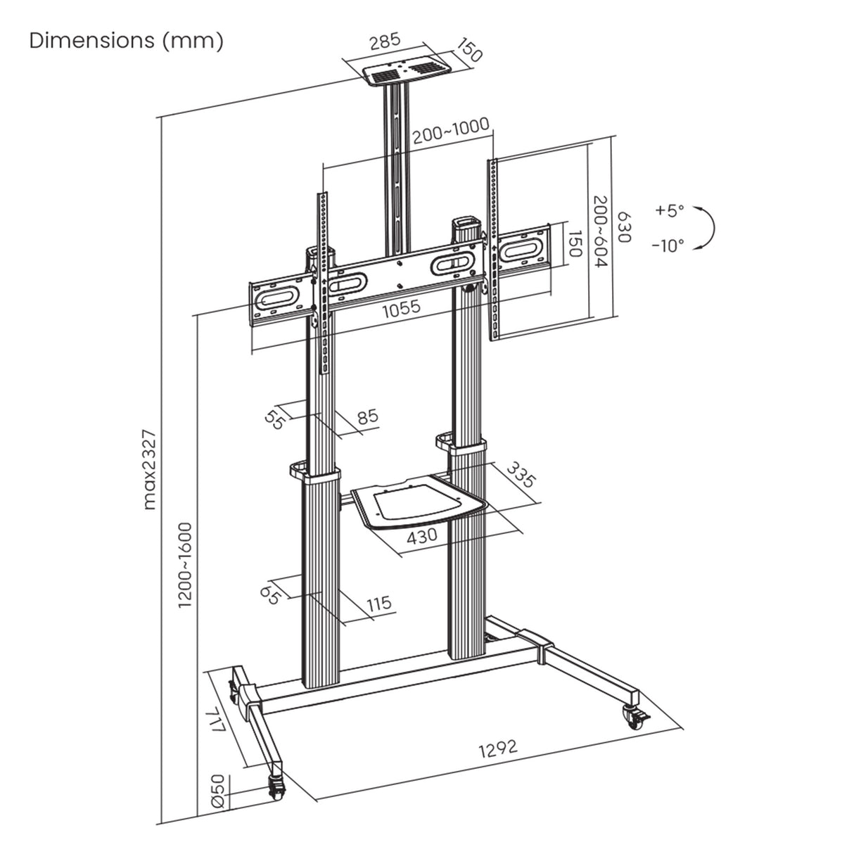 Manhattan Trolley Mount Stand for TV & Monitors, For screens: 37" to 100",VESA compatability:all between 200x200 to 1000x600mm -check the dimensions of the four mounting holes on back of screen to ensure it fits,Max 80kg,Height adjustable 1200 to 1600mm,L