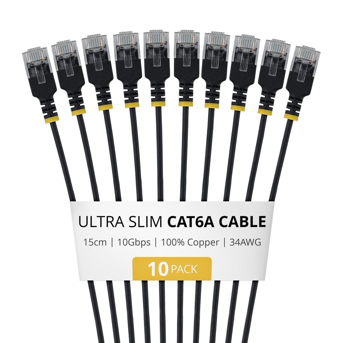 StarTech.com 15cm Black Ultra Slim Cat6A Ethernet Cable, 10 pack, UTP, Pure Bare Copper Wire, 34AWG Ultra Slim RJ45 Network Patch Cord, Individually Tested