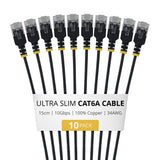 StarTech.com 15cm Black Ultra Slim Cat6A Ethernet Cable, 10 pack, UTP, Pure Bare Copper Wire, 34AWG Ultra Slim RJ45 Network Patch Cord, Individually Tested