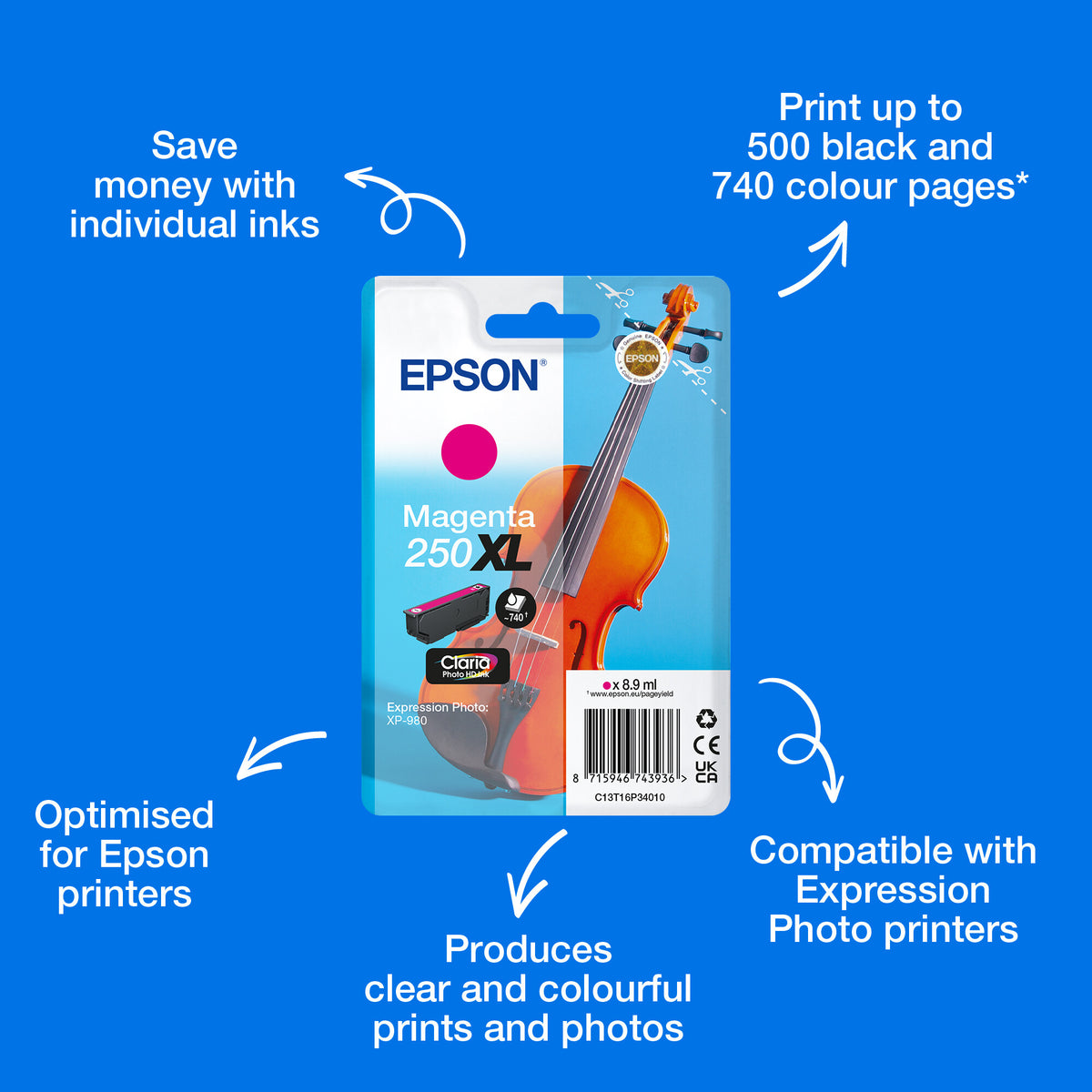 Epson Singlepack Magenta 250XL Violin Claria Photo HD Ink
