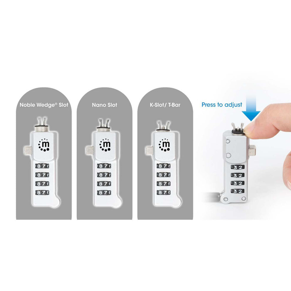 Manhattan Universal Laptop Combination Lock For Noble Wedge®, Nano and K-Slot, Secure 3-in-1 Anti-theft Notebook Lock, Resettable 4-digit Combo, 1.8m, Cut-Resistant Carbon Steel Cable, Translucent PVC Jacket, Silver