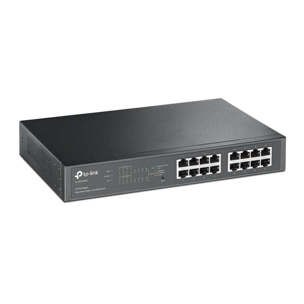 TP-LINK (TL-SG1016PE) Conmutador de escritorio/rack inteligente Easy Gigabit de 16 puertos, PoE+ de 8 puertos, metal