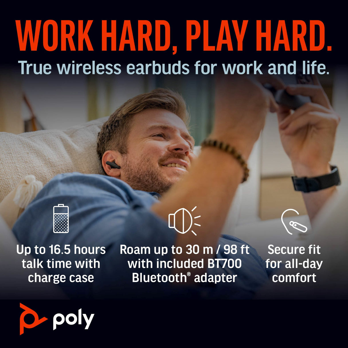 POLY Voyager Free 60+ UC Carbon Black Earbuds +BT700 USB-A Adapter +Touchscreen Charge Case