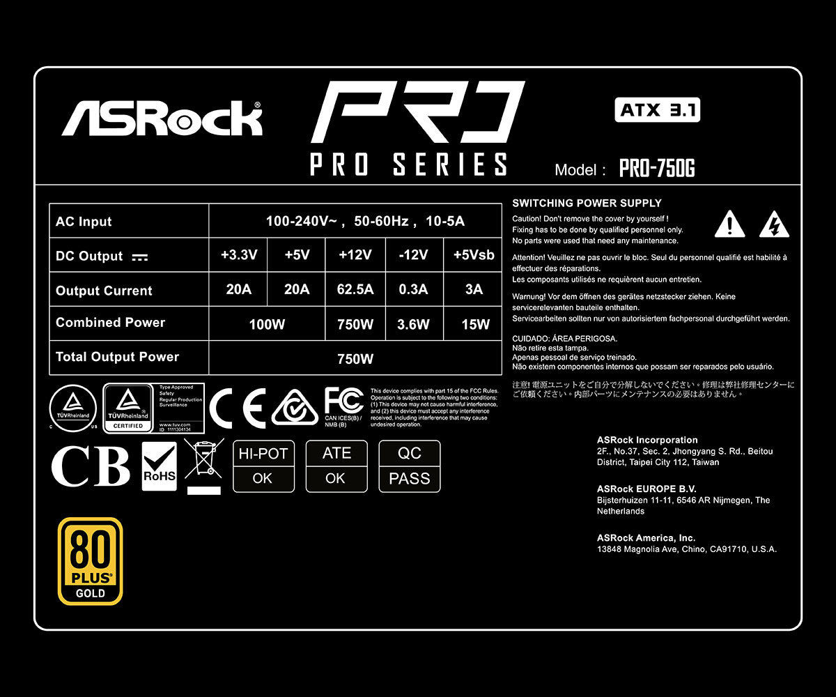 Asrock PRO-750G power supply unit 750 W 24-pin ATX ATX Black