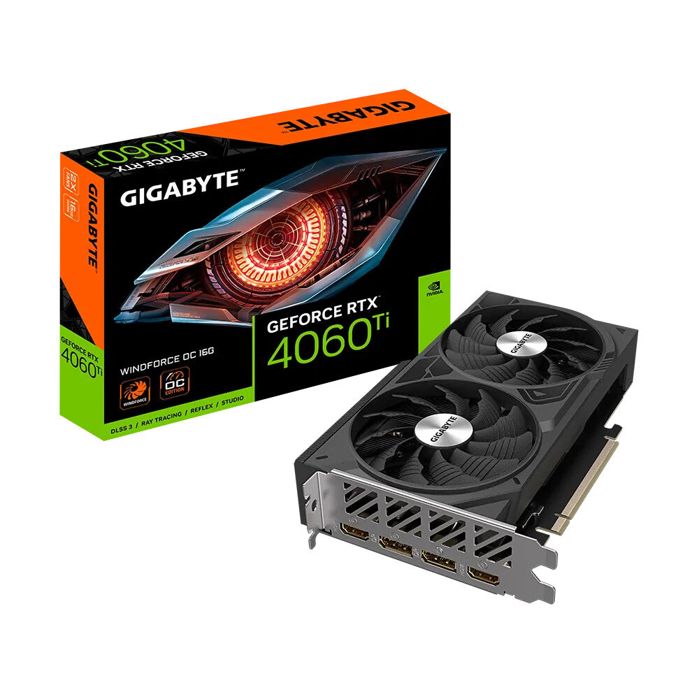 GIGABYTE GeForce RTX 4060 Ti WINDFORCE OC 16G Graphics Card - 16GB GDDR6, 128bit, PCI-E 4.0, 2565MHz Core Clock, 2 x DisplayPort 1.4a, 2 x HDMI 2.1a, NVIDIA DLSS 3, GV-N406TWF2OC-16GD