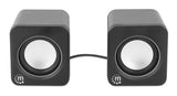 Manhattan 2600 Series Speaker System, Two Speakers, Black/Silver, USB for Stereo Audio and Power, Output: 2x 3W, Decent Sound, Integrated rotary volume control, USB-C/USB-A Adapter, Cable 1.4m, Three Year Warranty