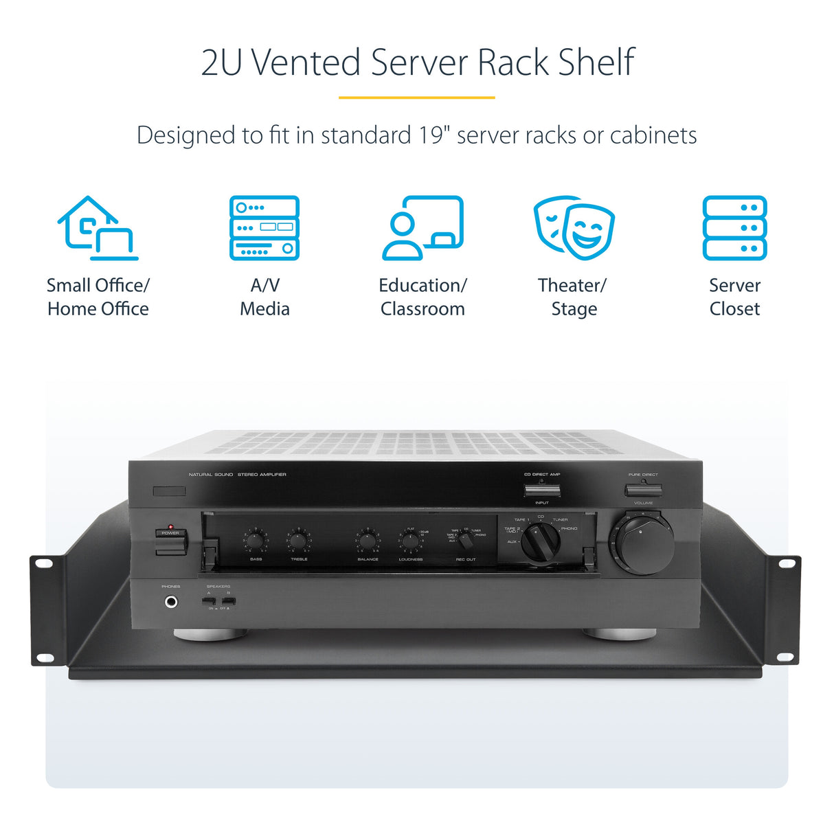 StarTech.com 2U Vented Server Rack Shelf, 12" (31.5cm) Mounting Depth, Cantilever Tray For 19" Rack/Cabinet, Heavy-Duty Steel, Up To 25lb/11.3kg, Includes Cage Nuts/Screws