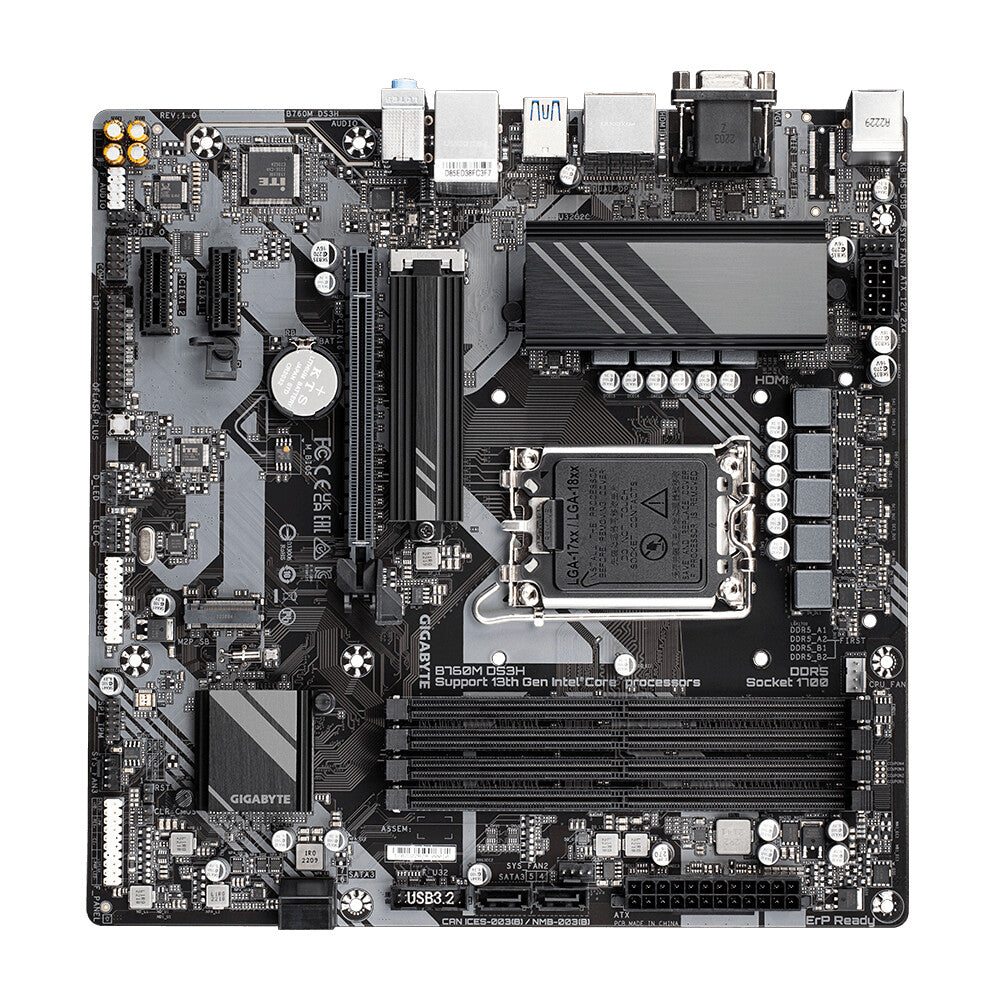 GIGABYTE B760M DS3H Motherboard - Supports Intel Core 14th Gen CPUs, 6+2+1 Phases Digital VRM, up to 7600MHz DDR5 (OC), 2xPCIe 4.0 M.2, 2.5GbE LAN, USB 3.2 Gen