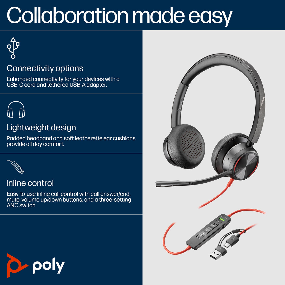 POLY Blackwire 8225 Stereo USB-C Headset +USB-C/A Adapter