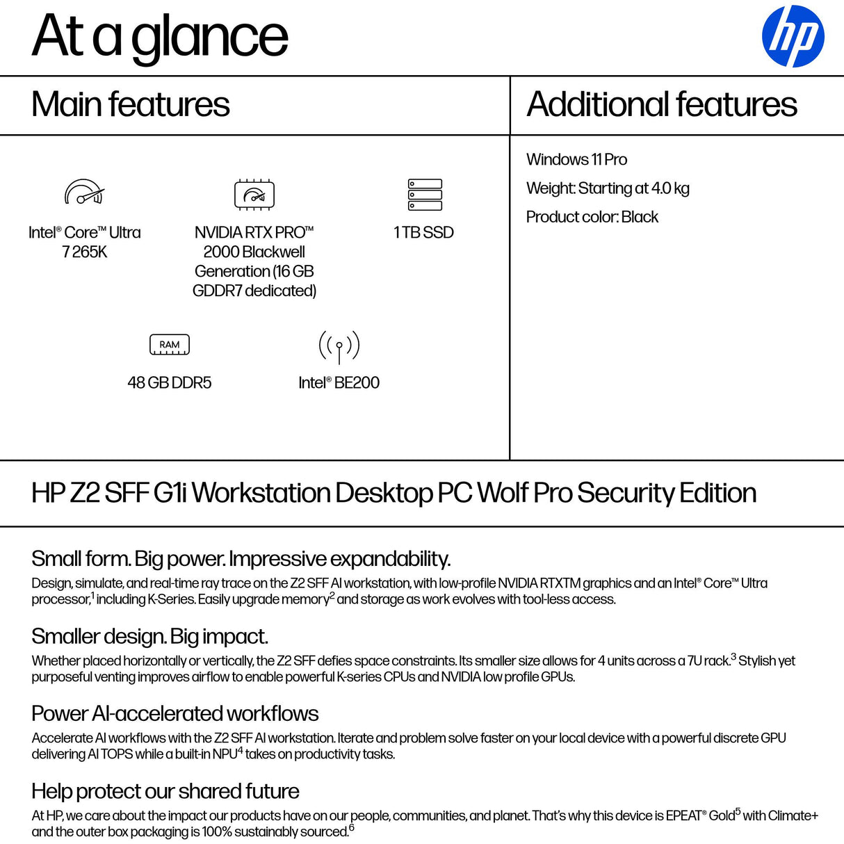 HP Z2 SFF G1i Wolf Pro Security Edition Intel Core Ultra 7 265K 48 GB DDR5-SDRAM 1 TB SSD NVIDIA RTX Pro 2000 Blackwell Windows 11 Pro Workstation AI Workstation, AI PC Black