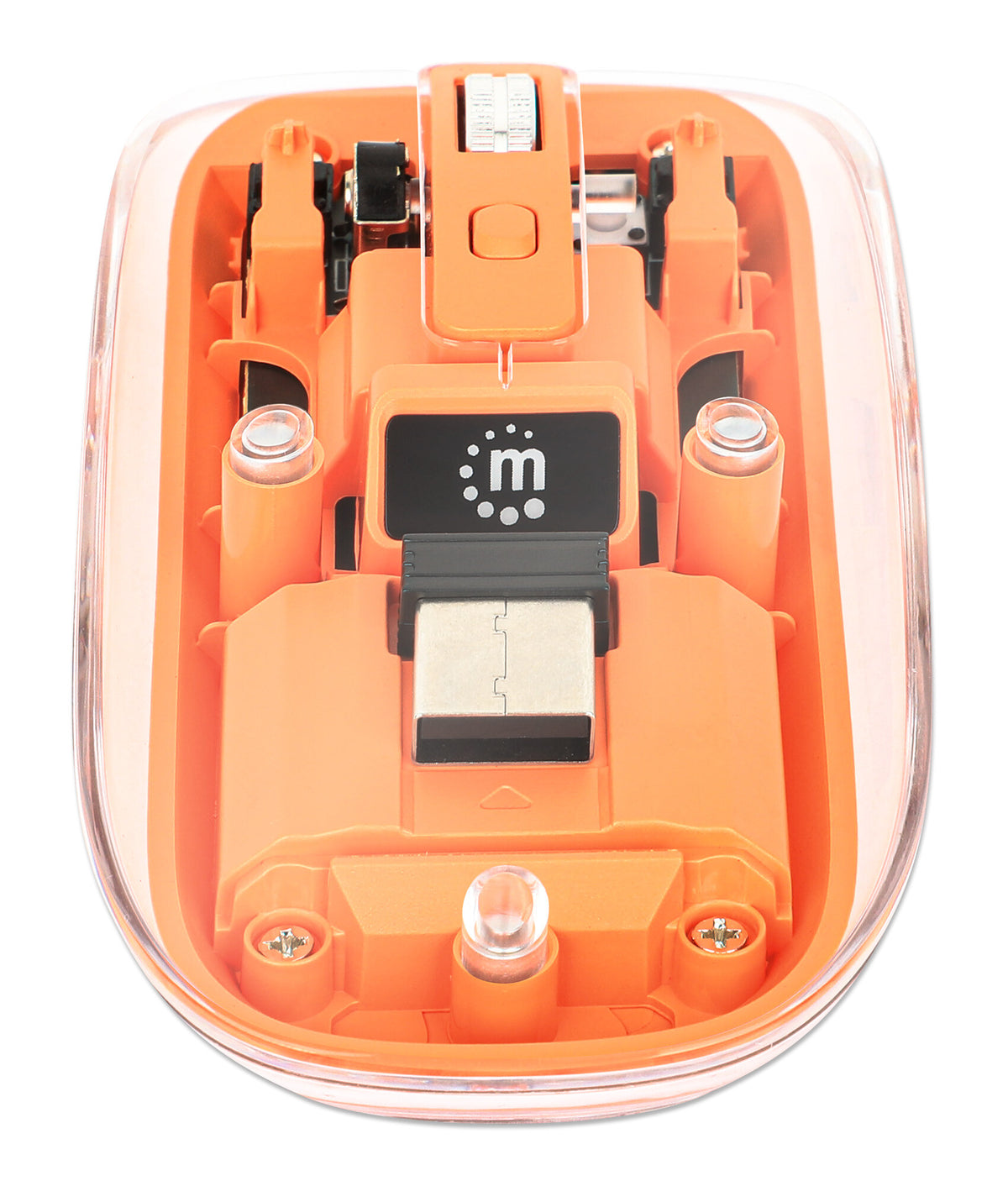 Manhattan Transparent Rechargeable Wireless Mouse, Clear/Orange, Adjustable 800/1200/1600dpi, With RGB LED light, 2.4Ghz (effective range up to 10m), USB, Optical, Ambidextrous, Four Button with Scroll Wheel, Slim Design, USB-A micro receiver, Lithium Ion