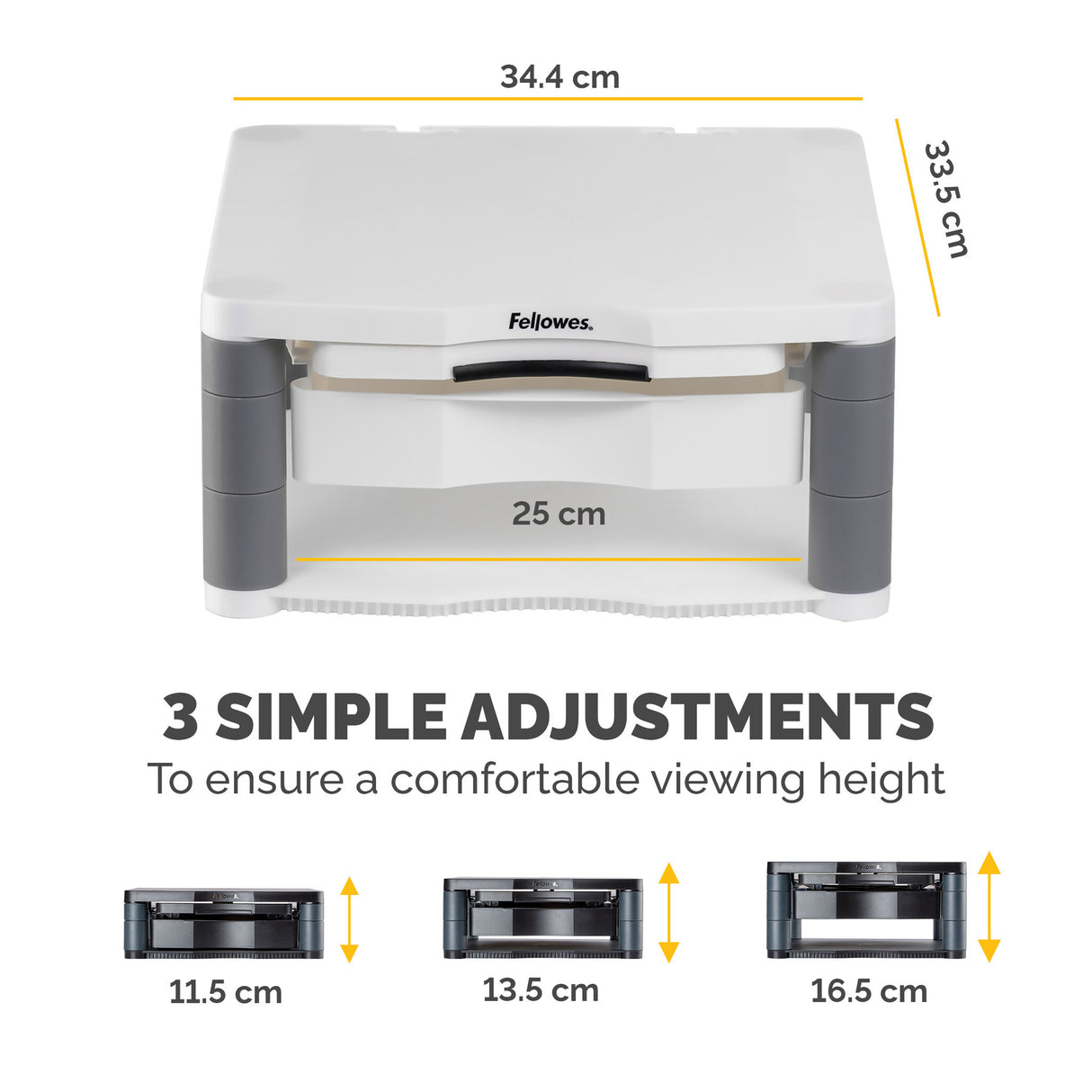 Fellowes Computer Monitor Stand with 3 Height Adjustments - Premium Monitor Riser Plus with Cable Management - Ergonomic Adjustable Monitor Stand for Computers - Max Weight 36KG/Max Size 21" - Platinum