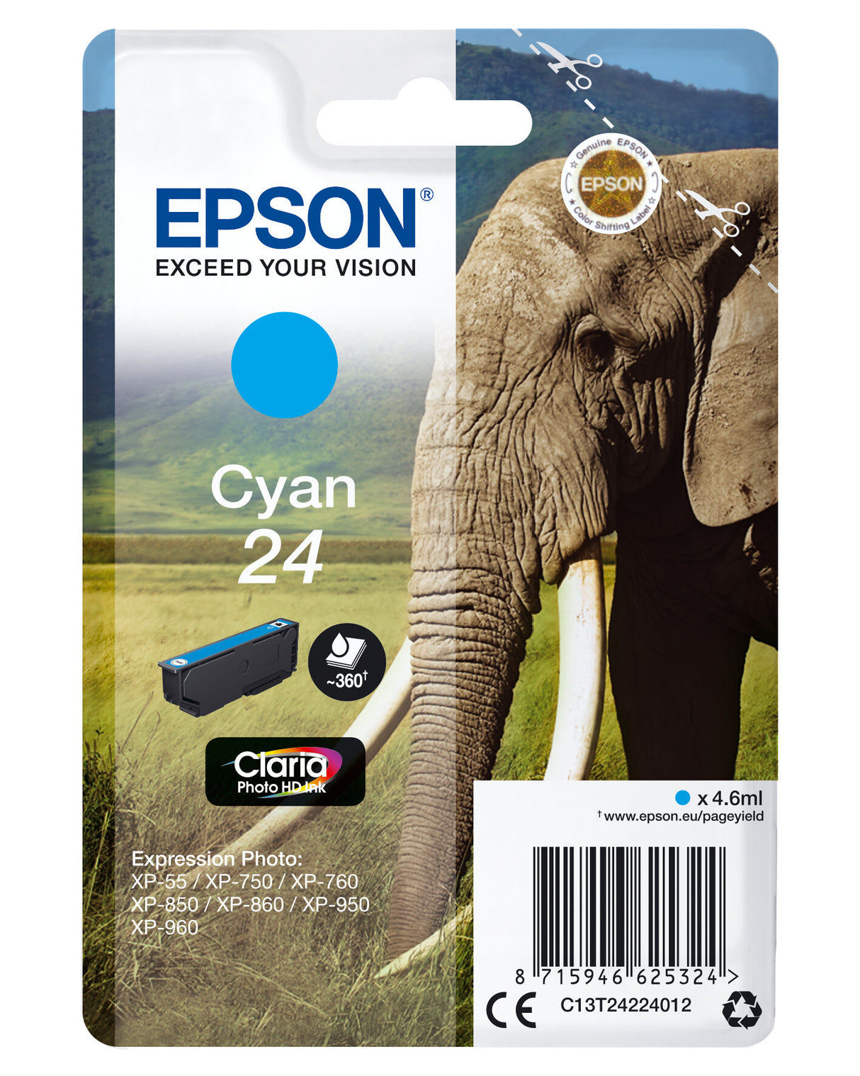 Epson Elephant Singlepack Cyan 24 Claria Photo HD Ink