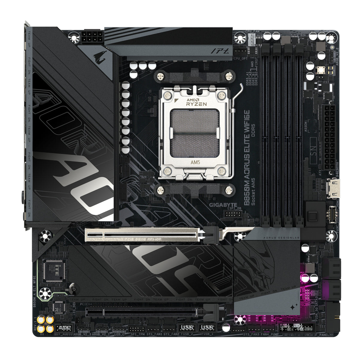 GIGABYTE B850M AORUS ELITE WIFI6E Motherboard - AMD Ryzen 9000 Series CPUs, 12+2+2 Phases Digital VRM, up to 8200MHz DDR5 (OC), 1xPCIe 5.0 + 1xPCIe 4.0 M.2, WIFI 6E, 2.5GbE LAN, USB 3.2 Gen 2