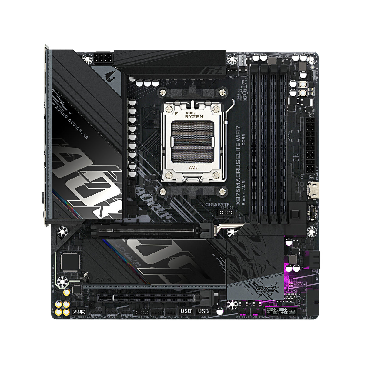GIGABYTE X870M AORUS ELITE WIFI7 Motherboard - Supports AMD Ryzen 9000 CPUs, 14+2+2 Phases Digital VRM, up to 8200Hz DDR5 (OC), 1xPCIe 5.0 + 1xPCIe 4.0, Wi-Fi 7, 2.5 GbE LAN, USB 4