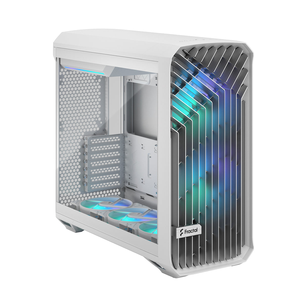 Fractal Design Torrent (White RGB TG) Estuche para juegos con ventana de vidrio transparente, E-ATX, 5 ventiladores ARGB, concentrador de ventilador, tira RGB en cubierta de fuente de alimentación, rejilla frontal, USB-C