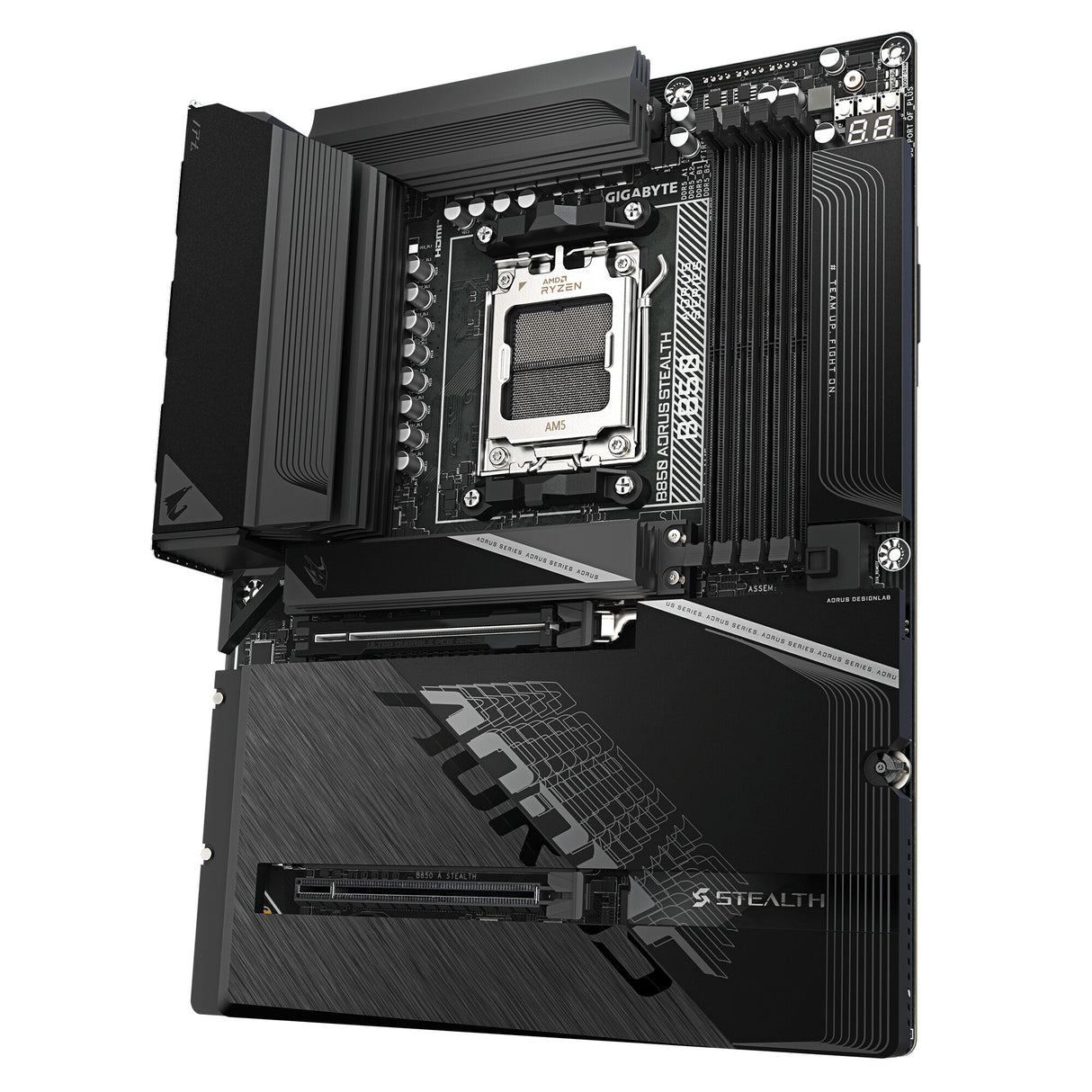 GIGABYTE B850 AORUS STEALTH Motherboard - AMD Ryzen 9000 Series CPUs, 14+2+2 Phases Digital VRM, up to 8200MHz DDR5 (OC), 2xPCIe 5.0 + 2xPCIe 4.0 M.2, WIFI 7, 5 GbE LAN, USB 3.2 Gen 2