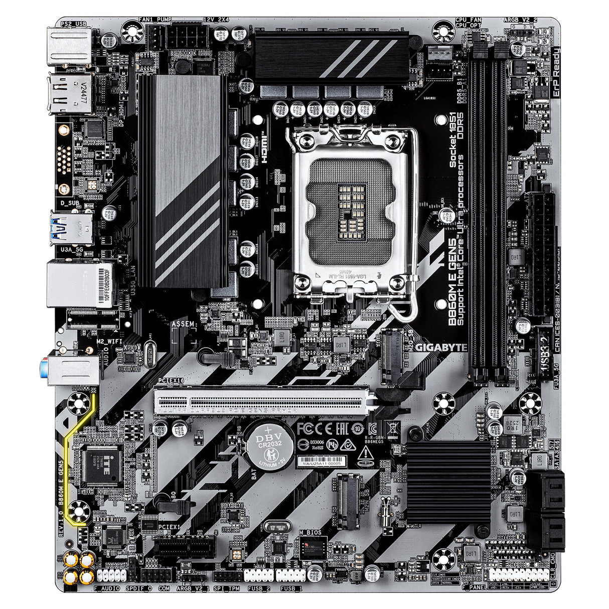 GIGABYTE B860M E GEN5 Motherboard - Intel Core Ultra Series CPUs, 4+1+2 Phases VRM, up to 8800MHz DDR5 (O.C.), 2xPCIe 4.0 M.2, 1GbE LAN, USB 3.2 Gen 1