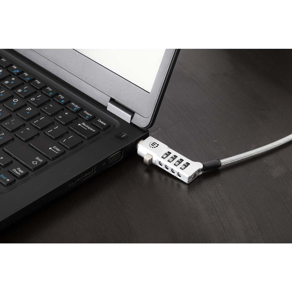 Manhattan Universal Laptop Combination Lock For Noble Wedge®, Nano and K-Slot, Secure 3-in-1 Anti-theft Notebook Lock, Resettable 4-digit Combo, 1.8m, Cut-Resistant Carbon Steel Cable, Translucent PVC Jacket, Silver