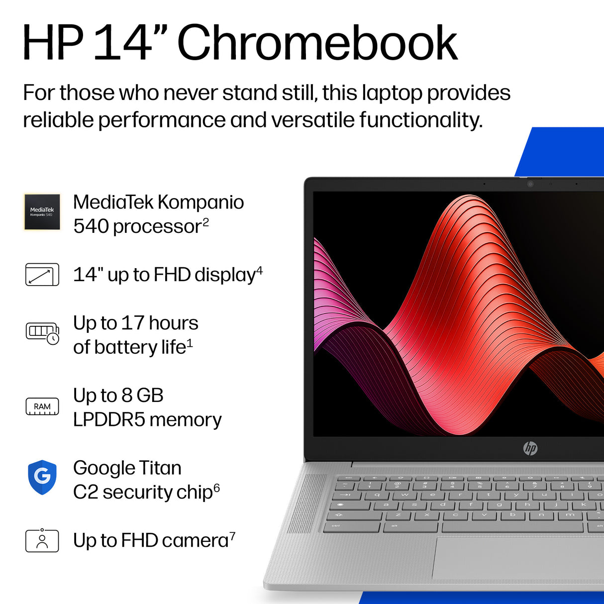 HP 14A-NM0001NAX MTK 540 8GB 128GB CHR MediaTek Chromebook 35.6 cm (14") HD LPDDR5-SDRAM Wi-Fi 6 (802.11ax) ChromeOS Silver
