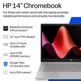 HP 14A-NM0001NAX MTK 540 8GB 128GB CHR MediaTek Chromebook 35.6 cm (14") HD LPDDR5-SDRAM Wi-Fi 6 (802.11ax) ChromeOS Silver