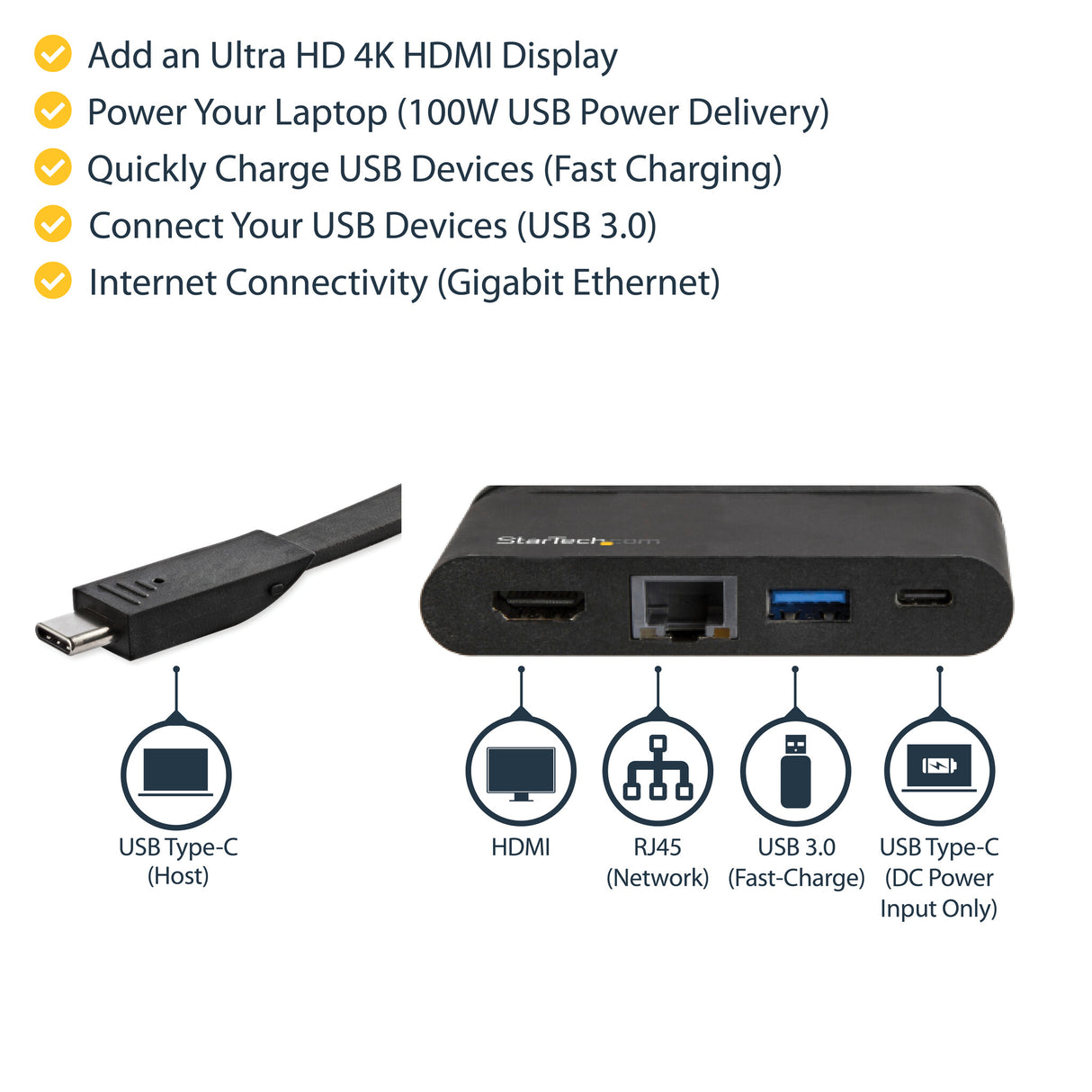 StarTech.com USB C Multiport Adapter - Portable USB-C Dock with 4K HDMI - 100W PD 3.0 Pass-Through, 1x USB-A, 1x USB-C, GbE - Thunderbolt 3 & USB Type-C Laptop Travel Dock - Mac & Windows