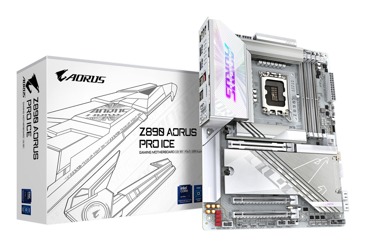 GIGABYTE Z890 AORUS PRO ICE Motherboard - Supports Intel Core Ultra (Series 2) CPUs, 16+1+2 phases VRM, up to 9500MHz DDR5 (OC), 1xPCIe 5.0 + 4xPCIe 4.0, Wi-Fi 7, 5GbE LAN, Thunderbolt 4