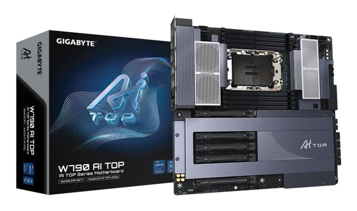 GIGABYTE W790 AI TOP Motherboard - Supports Intel Xeon CPUs, 16+2+2 phases VRM, up to 5600MHz DDR5 (OC), 4xPCIe 5.0 + 2xPCIe 4.0 M.2, Wi-Fi 7, 10 GbE LAN, Thunderbolt 4